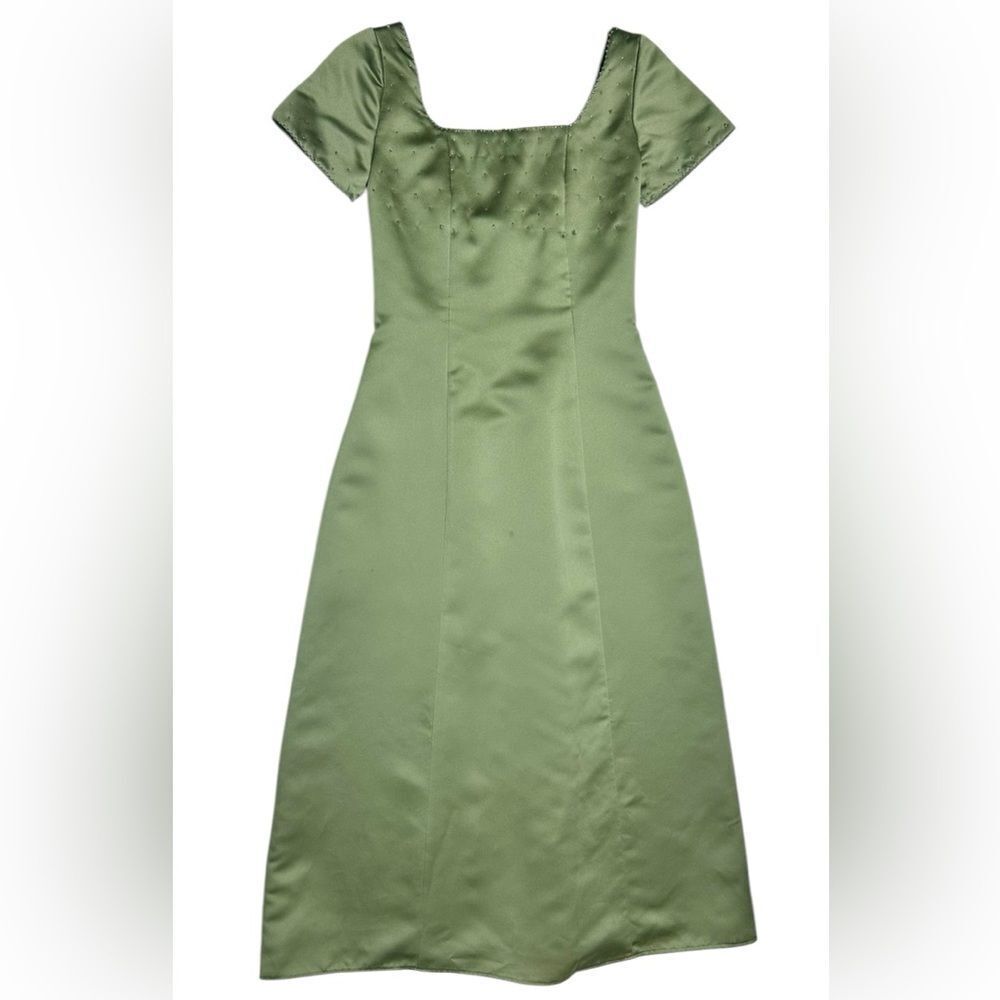 Vintage Y2K Green Satin Midi Formal Dress Beaded Neckline Size 4 Prom Bridesmaid